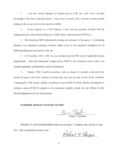 Intoxilyzer 8000 Charlotte County FL Affidavit Brian Faulkner