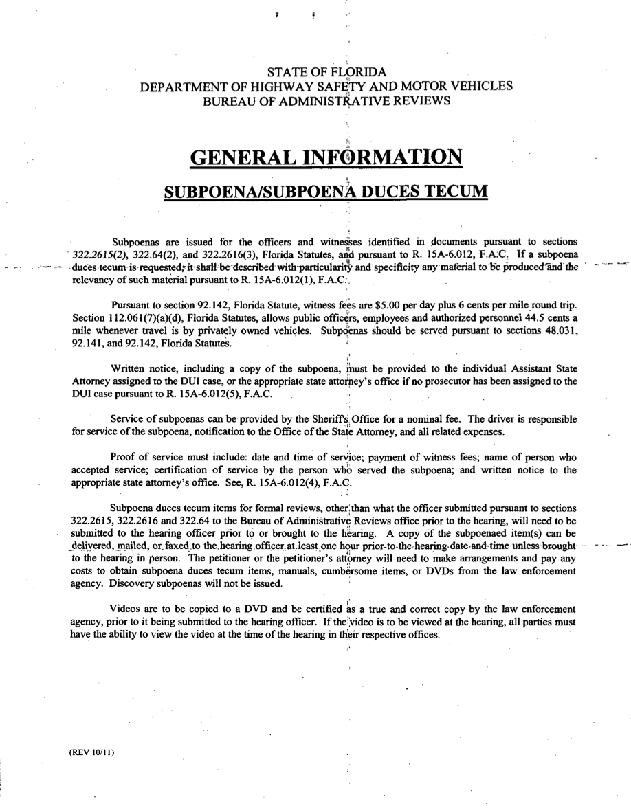 Subpoena Duces Tecum Bureau of Administrative Reviews Rules