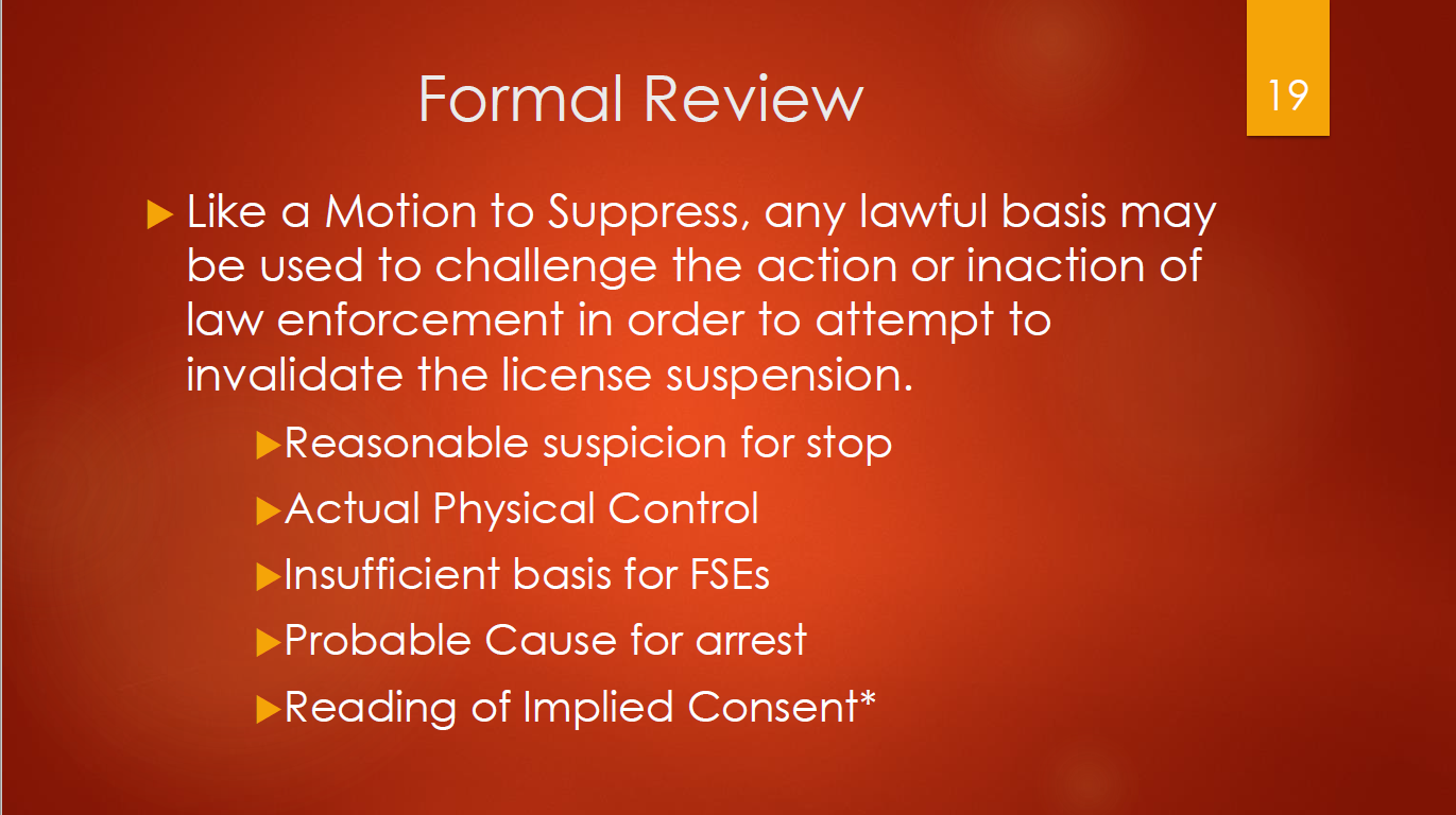 19-formal-review-lawful-basis-to-challenge-reasonable-suspicion-for-stop-actual-physical-control-insufficient-basis-for-fses-probable-cause-for-arrest-reading-of-implied-consent