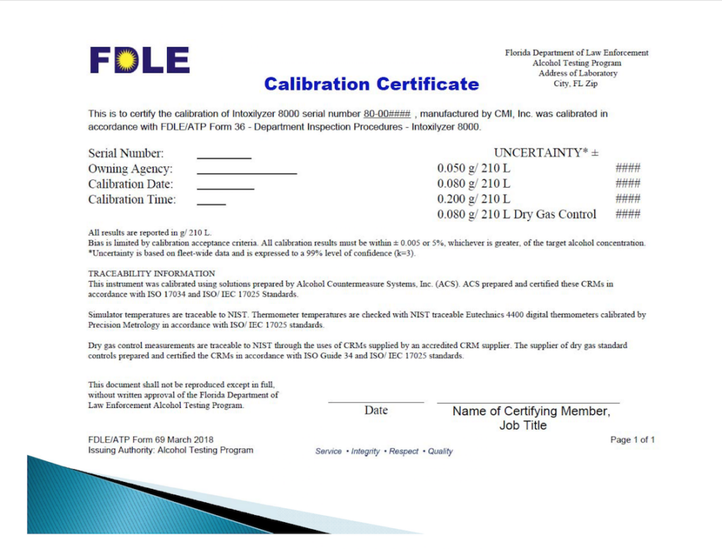 FDLE calibration certificate Intoxilyzer 8000 uncertainty bias