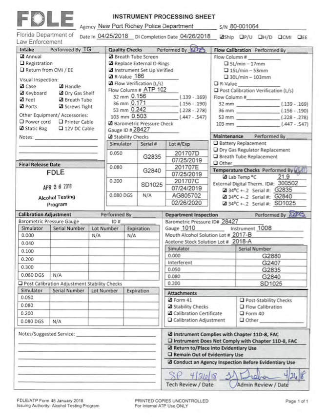 fdle instrument processing sheet