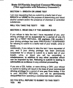 Florida implied consent warning breath or urine test refuse