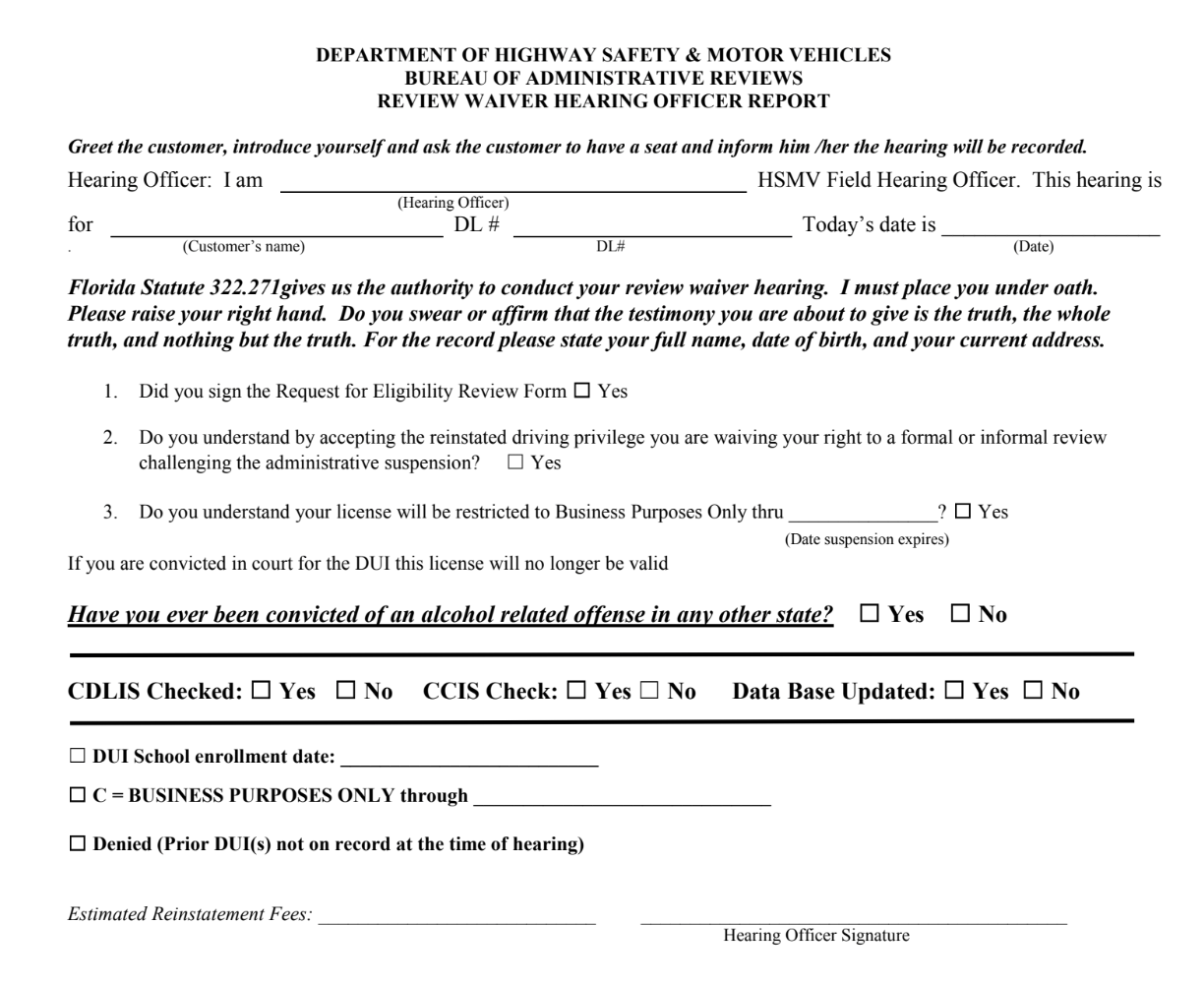 Florida review waiver hearing dui immediate reinstatement