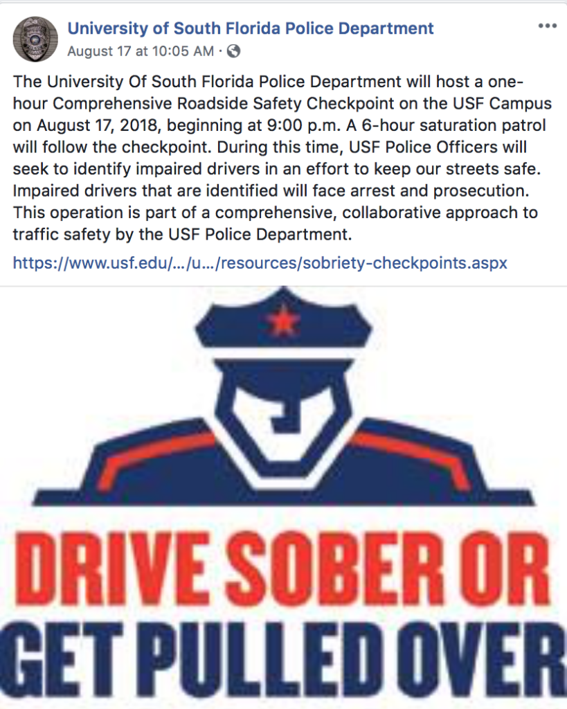university of South Florida sobriety dui checkpoint arrests