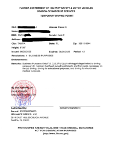 Florida DHSMV 42 Day Temporary Driving Permit Business Purpose