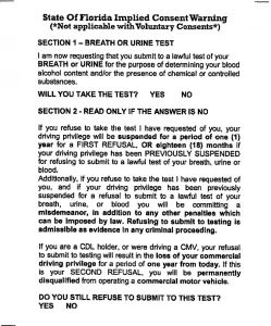 Florida implied consent warning breath or urine test refuse